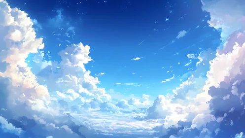 Expansive cumulus skyscape in luminous cel-shaded blue tones.