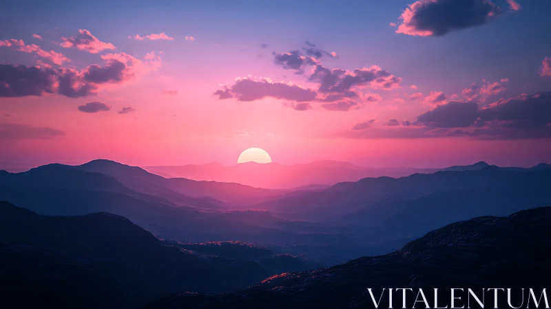 Layered mountain horizon under pink and blue sunset sky.