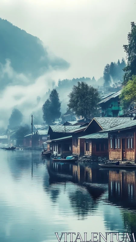 Misty lakeside cabins whispering over glass-still water.