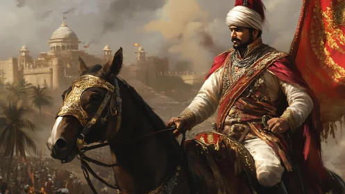 Regal horseman rides toward a grand fortress in golden light