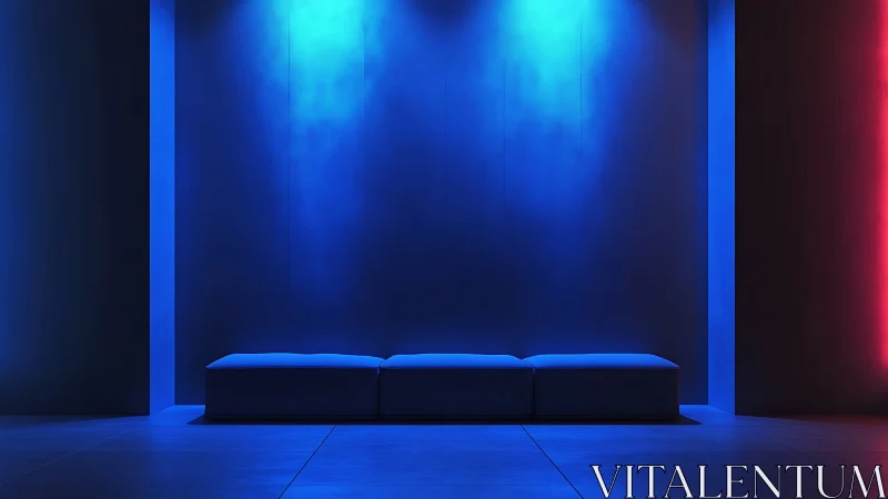 Chromatic bench in blue volumetric wash with red edge accent.