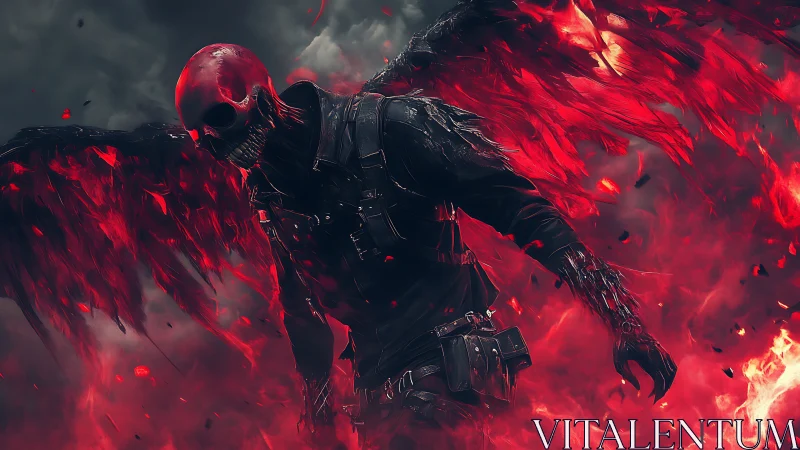 Winged skeletal figure in red flames with tactical gear.