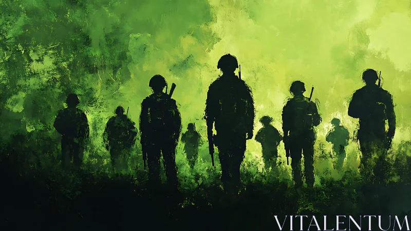 Silhouetted soldiers advance through abstract green haze.