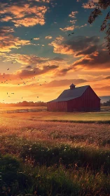 Crimson barn basking beneath a wildfire country sunset sky.