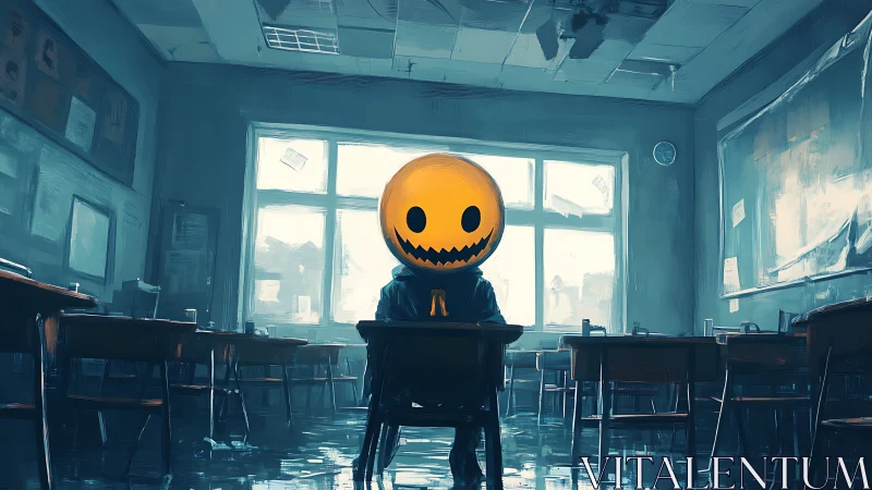 Lonely pumpkin head student waits quietly in an empty class