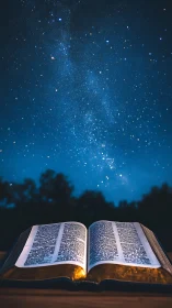 Open Bible glows beneath a vast starlit night sky in worship