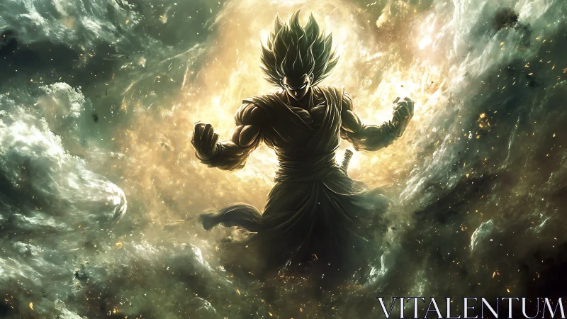 Cosmic warrior silhouette erupting with radiant power.