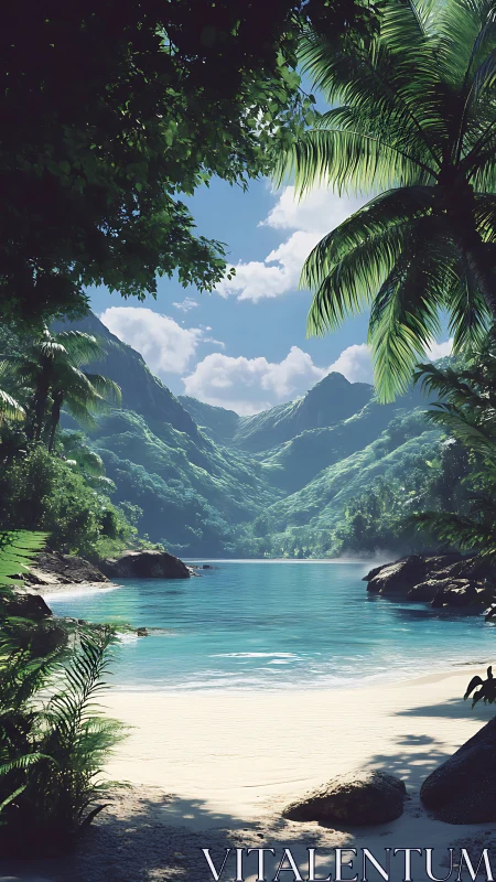 Tropical Lagoon with Mountains and Palm Framed View.