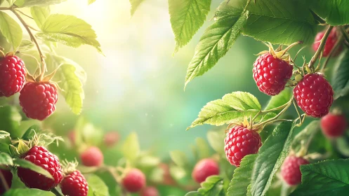 Sunlit raspberry clusters rendered with soft photoreal depth