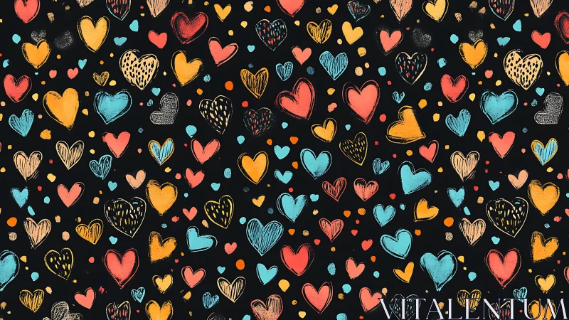Colorful Hand-Drawn Hearts Pattern on Dark Background.