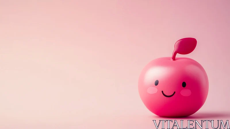 Pink cartoon apple object against plain pastel background.