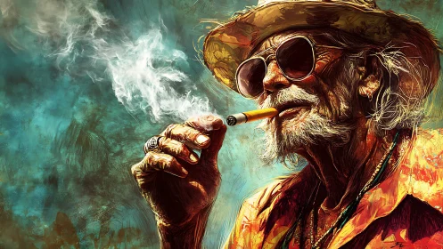 Weathered smoker in sunlit hat exhales drifting smoke