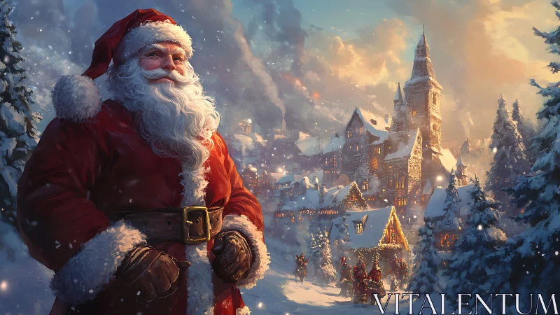 Santa Claus overlooks glowing snowy Christmas village at dusk.