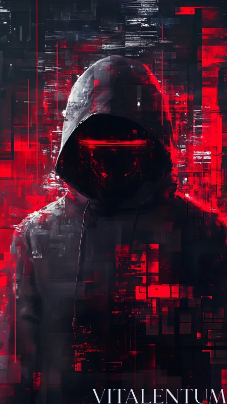 Hooded cyber figure stands amid red glitching data shards