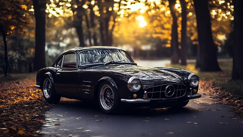Classic black coupe is parked on a leaf covered forest road