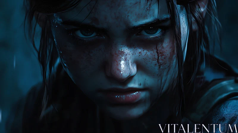 Determined young fighter with bloodied, rain soaked face.