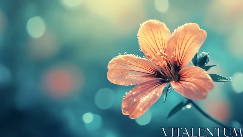 Peachy Flower with Dew Drops in Soft Focus.