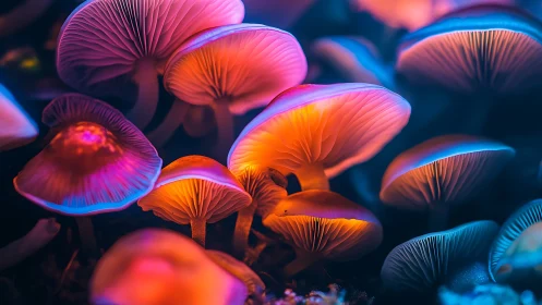 Glowing neon mushrooms in a dark fantasy forest scene.