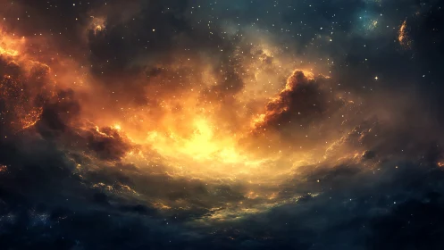 Digital space cloudscape shows luminous central nebular region