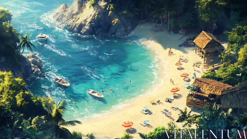 Tropical Beach Paradise with Boats and Thatched Bungalows