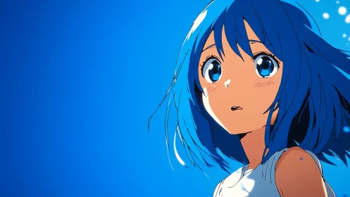 Blue haired anime girl looks upward against clear sky