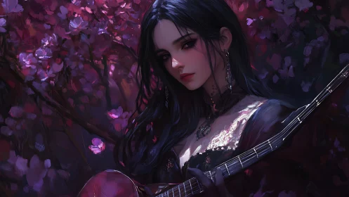 Dark-haired guitarist in floral background digital portrait.