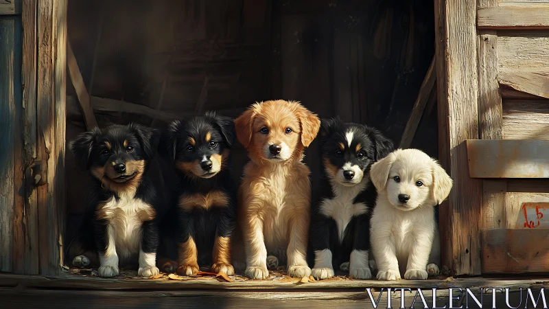 Five shepherd puppies sit in rustic wooden doorway portrait