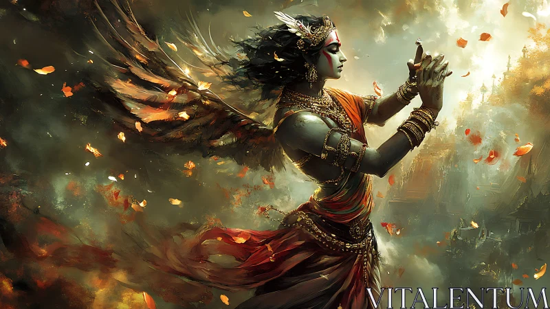 Winged deity in flowing robes amid drifting embers.