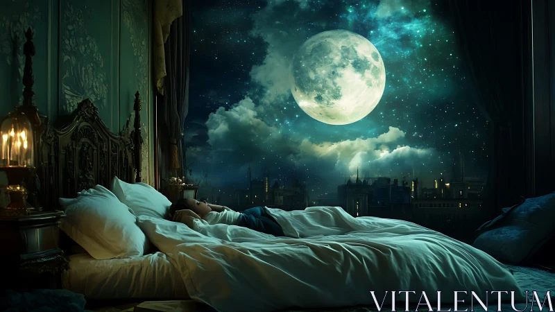 Moonlit dreamer beneath a colossal enchanted night sky.