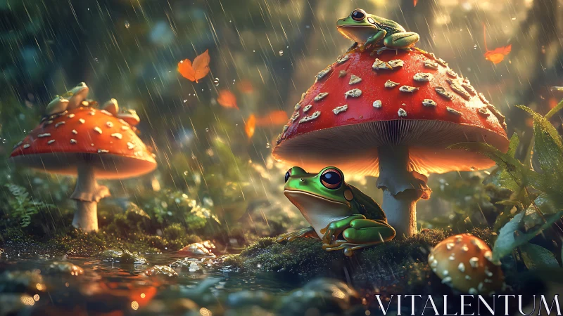 Bioluminescent tree frogs sheltering beneath rain glazed fly agarics.