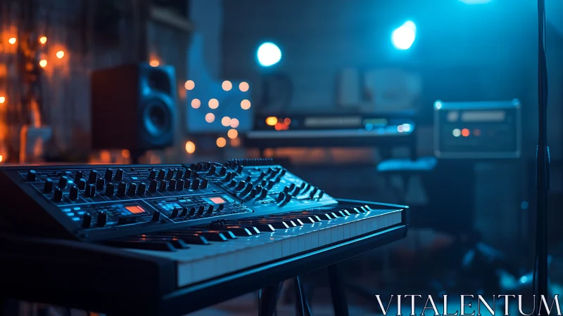 Moody synth studio glowing with soft blue and amber lights.