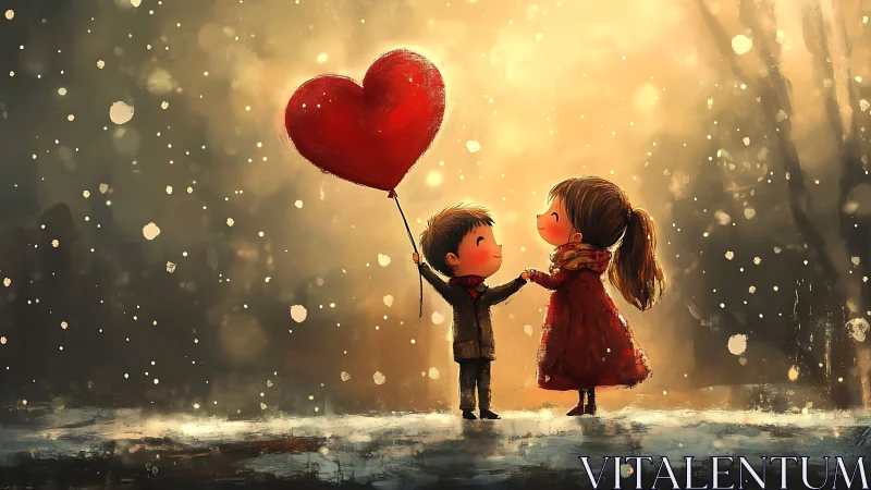 Two figures exchange heart-shaped balloon in luminous snow setting