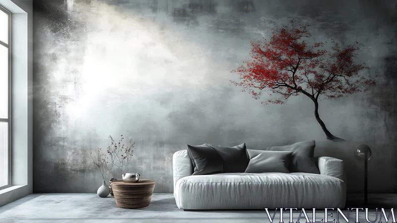 Minimalist living room pairs red tree mural with soft light.