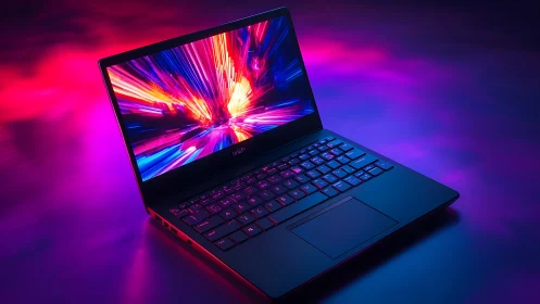 Open laptop displays abstract light streaks on vivid screen
