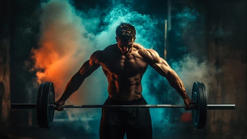 High-contrast muscular athlete holding loaded barbell in colored smoke