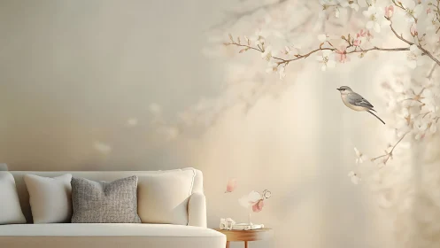 Neutral interior scene shows sofa beneath blossom mural wall