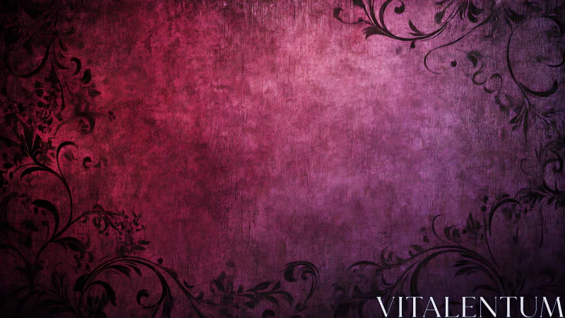 Crimson velvet backdrop entwined with dark floral scrollwork.