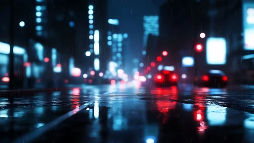 Nocturnal rain-soaked city street with neon bokeh reflections