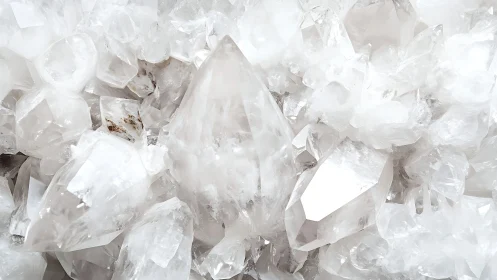Clustered clear quartz crystals shine in soft white light.