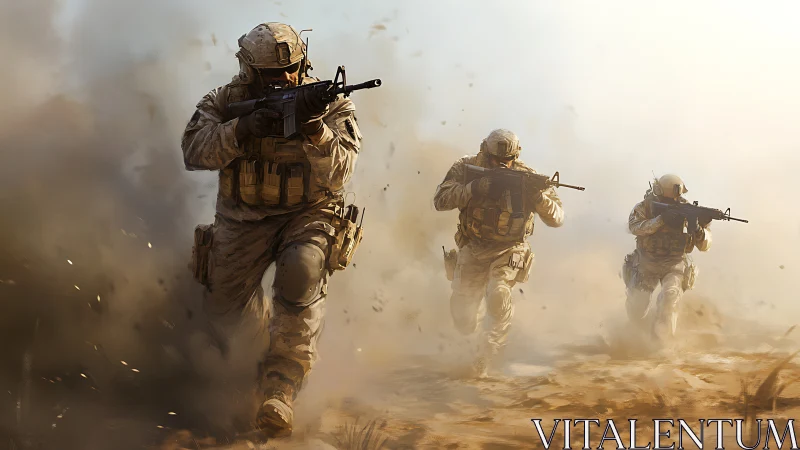 Armed soldiers advance through dusty battlefield terrain.