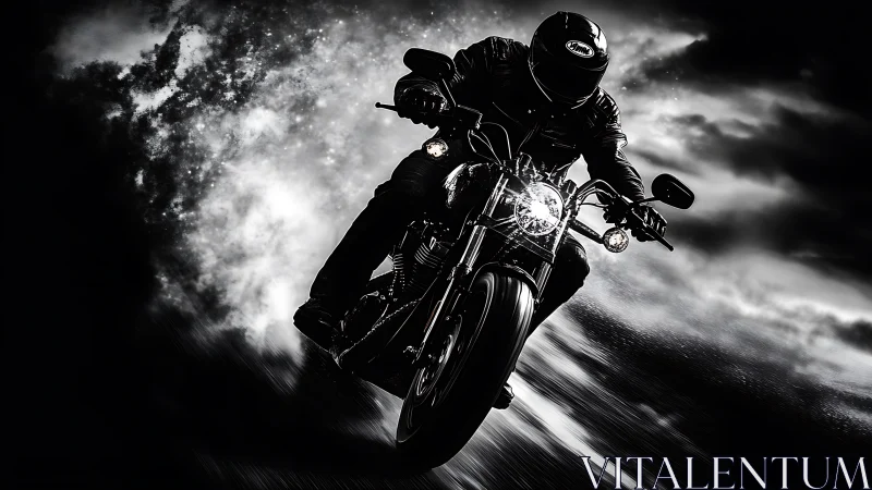 Motorcyclist leans forward on road at night in dramatic motion