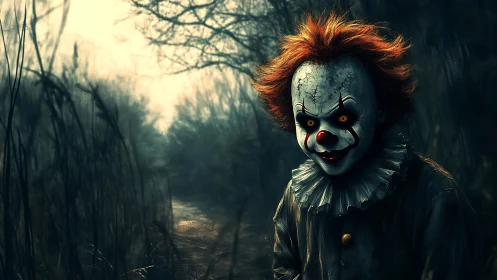Sinister forest clown waits where the path forgets the sun