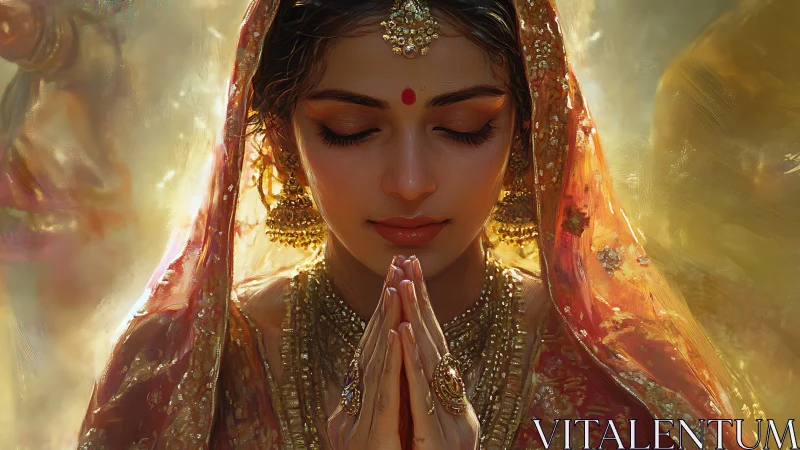 Devotional Indian bride in golden ceremonial light prays.