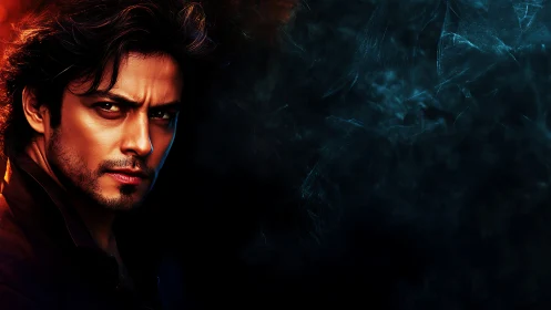 Moody male portrait glows against abstract smoky darkness