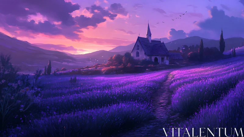 Lavender fields glow at sunset around a tranquil chapel.