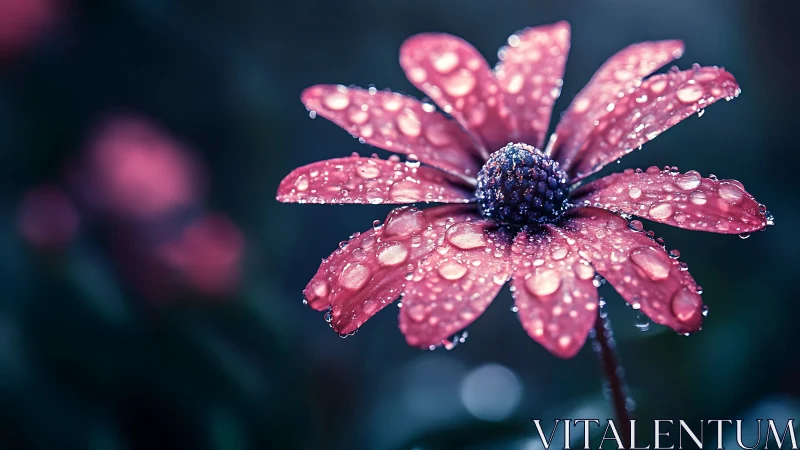 Pink daisy glistens with raindrops in moody twilight setting.