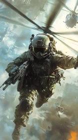 Tactical operator fast-roping from helicopter into urban combat