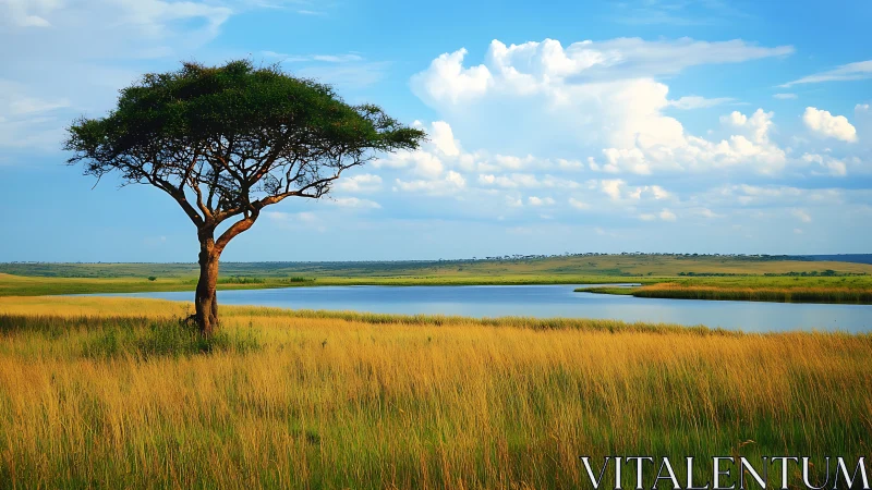 Solitary acacia tree beside calm water in open grassland.