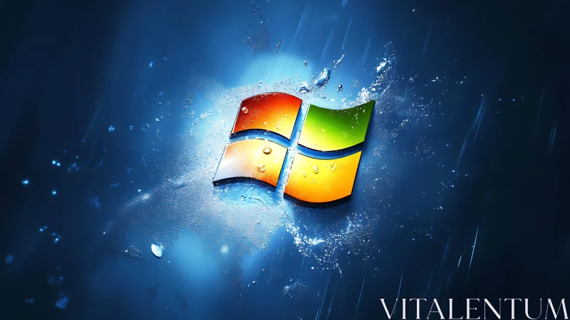 Windows logo bursts through liquid blue digital surface.