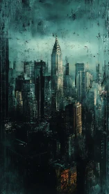 Moody future city skyline rises through mist and shadowed light